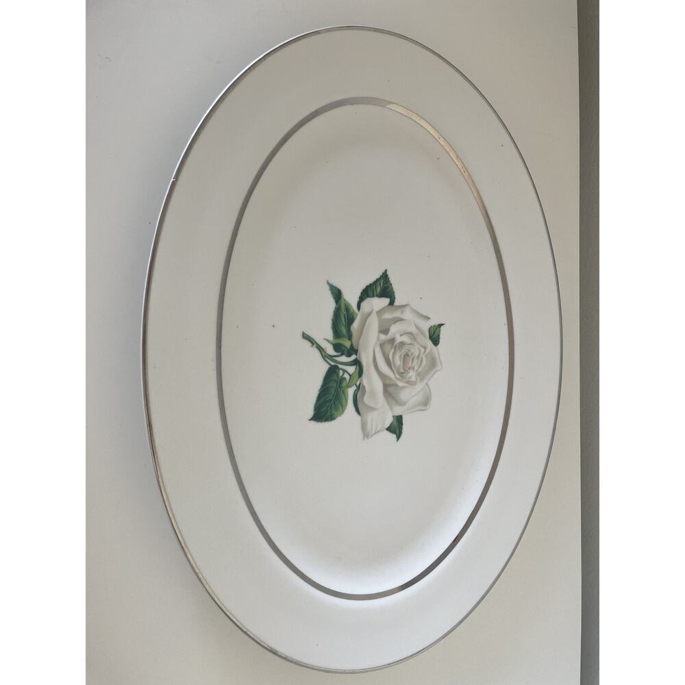 Embassy Vitrified China 15.5x11 Oval White Rose Serving Platter